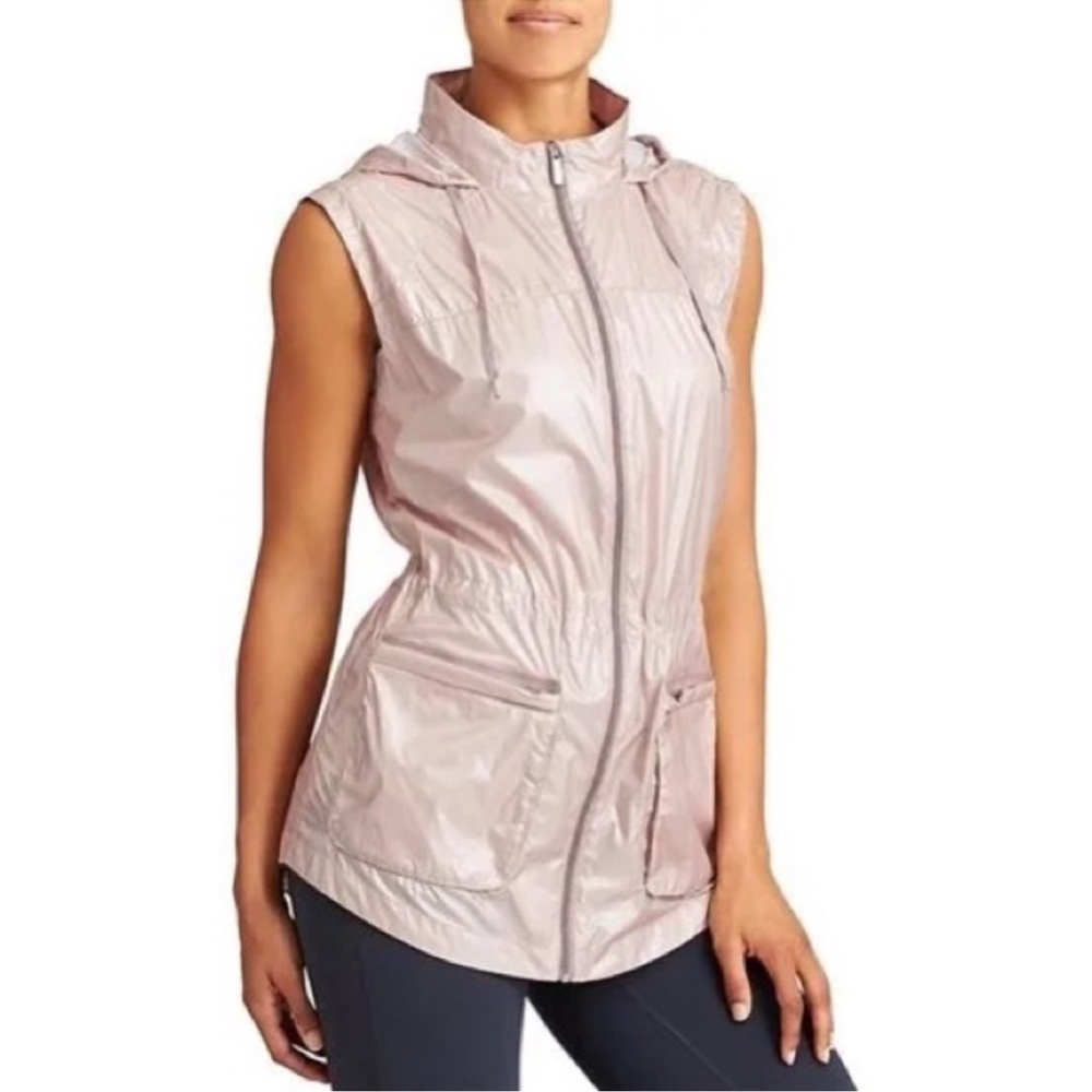 Athleta Shimmer Inspire Lightweight Zip Front Hooded Vest Light Pearl Pink